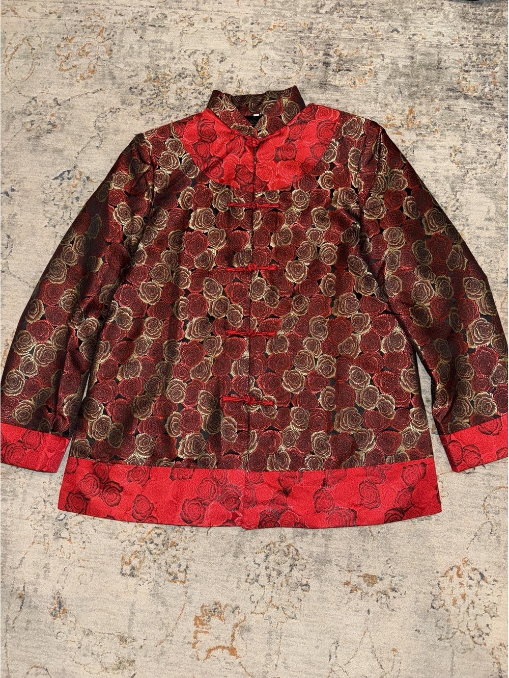 Women's L Red Gold Rose Brocade Jacket Mandarin Collar Frog Closure
